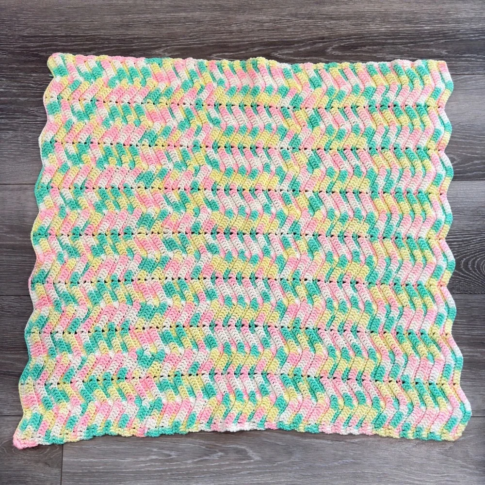 Handmade Crochet Baby Blanket Pastel Pink Yellow Green Chevron Ripple 34x29